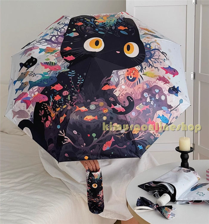 魚を食べる猫猫柄傘 晴雨兼用 折りたたみ 日傘 猫 傘 男女兼用 雨傘 ねこ 猫柄 遮熱効果 ジャンプ式 耐風傘 upf50+ uvカット 紫外線カ..