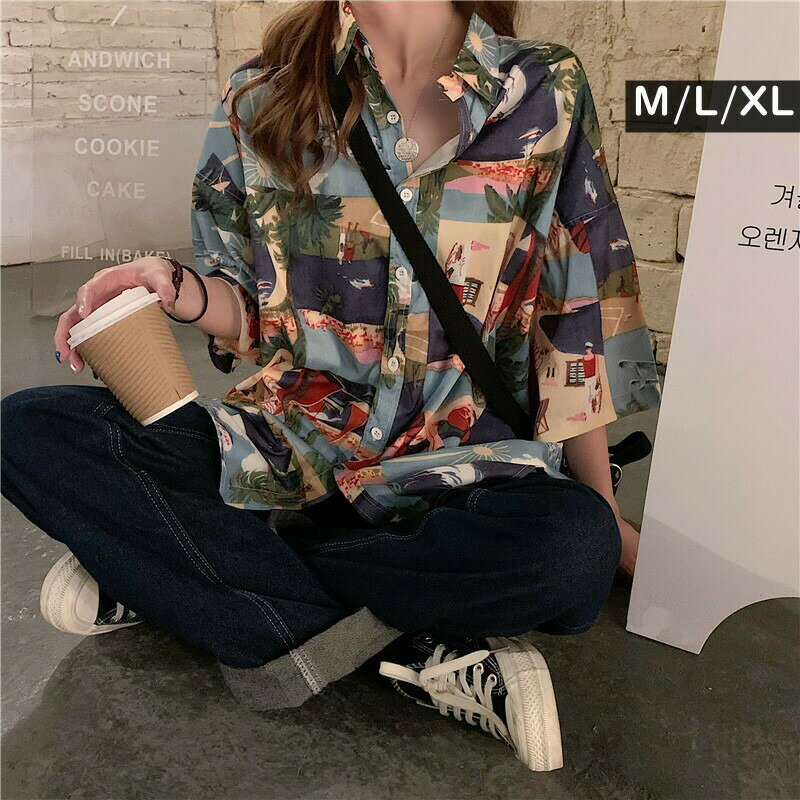 樂天商城 - 総柄ゆったり半袖シャツブラウス★シャツ　アロハ　半袖シャツ　アロハシャツ　ブラウス　総柄　ベーシック　シンプル　開襟　レディース　カワイイ　トレンド　人気　デザイン　ゆったり　柄シャツ　ポップ　韓国ファッション★★送料無料★