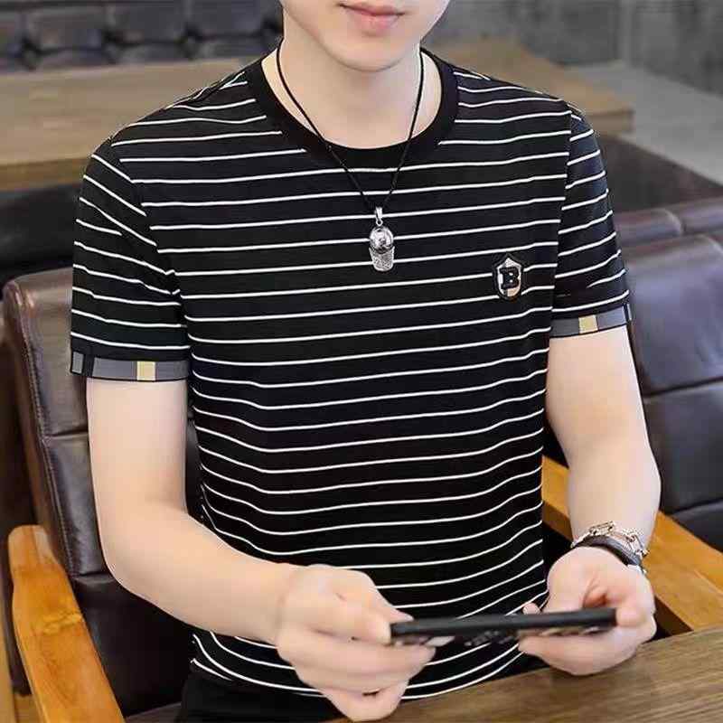 樂天商城 - Tシャツ メンズ 男性用 半袖 ストライプ 接触冷感 薄手 カジュアル スポーティー トップス ポリエステル ブラック ホワイト