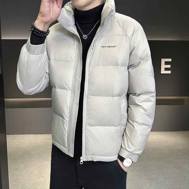 メンズ ショート丈 立襟 秋冬 防寒 暖かい 白ダウン 中綿 ポリエステル ゆったりシルエット ミドル丈 無地 ベージュ ブラック グレー カジュアル スタイル