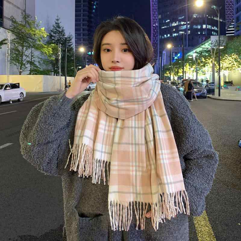 樂天商城 - マフラー レディース 秋冬 韓国 格子柄 厚手 学生 カップル ストール 男性用 ?羊?風 あったか ピンク系 イエロー系 グレー 紫 195cm
