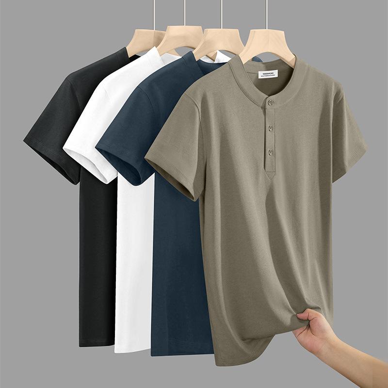 Men'S Underwear - Tシャツ メンズ ヘンリーネック 半袖 コットン トップス カットソー 薄手 無地 ブラック ホワイト ネイビー カーキ カーキグリーン コーヒーブラウン スモークブルー ライトグレー ダークグレー