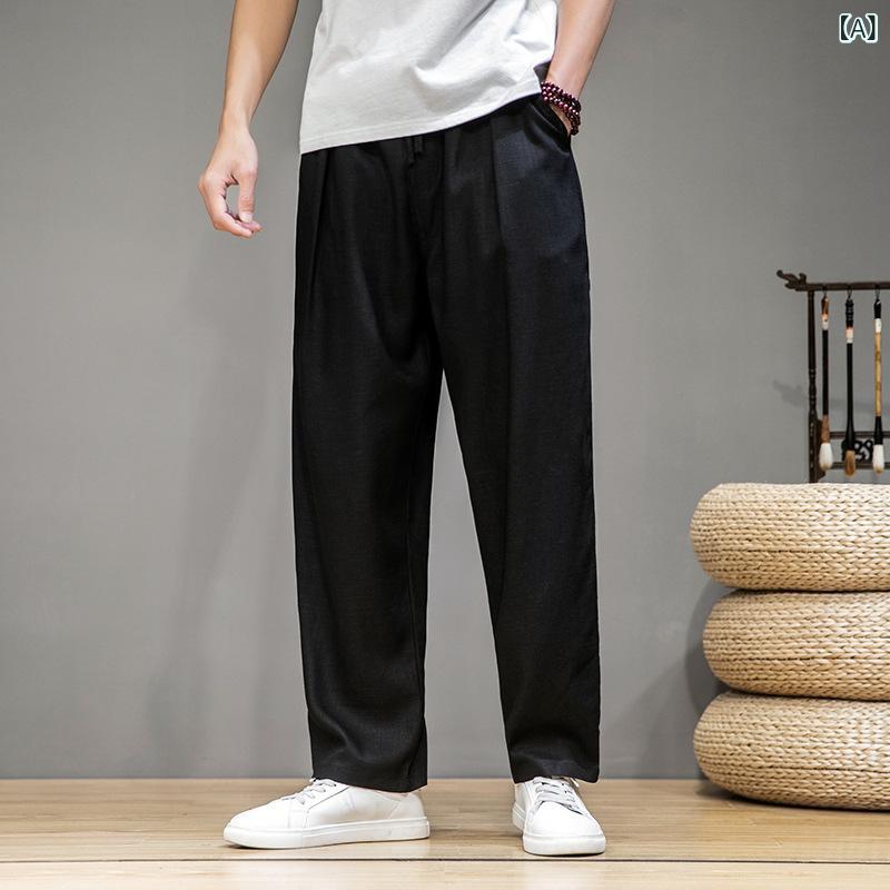 麻パンツ メンズ リネンパンツ 中国風 ワイドレッグパンツ ストレートパンツ コットンリネン ズボン イージーパンツ リラックスパンツ 春秋 普段使い 部屋着 ブラック グレー ネイビー M L XL 2XL 3XL 4XL 5XL・風・対象: 35歳以上のビジネスマン・パンツ丈: フルレングス・パンツ型: ルーズ・ウエスト: ミドルウエスト・ベルト: 無し・前立て: ひも・・柄: 無地・誤差範囲: 2〜5cm・対象者: ミドルエイジ・生地: 綿混紡・メイン素材: ポリエステル・メイン素材の含有量: 80%・シーン: カジュアル・裾のスタイル: ストレート・加工: しわ加工・ディテール: ポケット装飾・伸縮性: ややあり・素材: 麻・カラー: ブラック.麻色.ダークブルー.グレー・サイズ: M.L.XL.2XL.3XL.4XL.5XL・対象: 成人・性別: 男性・製品カテゴリ: カジュアルパンツ