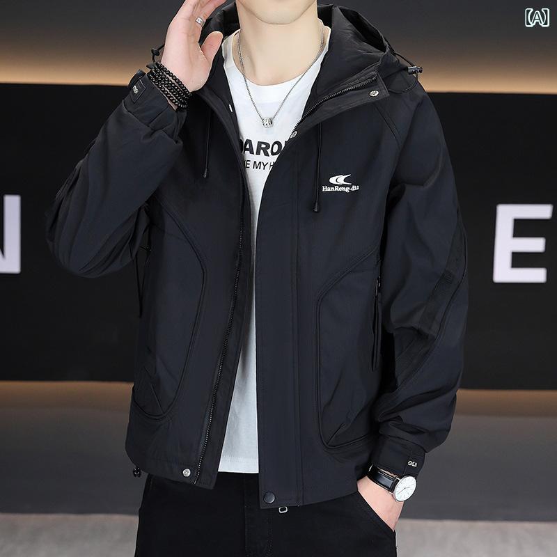 樂天商城 - ジャケット 男性用 ブルゾン 春秋 作業着 フード付き ワークジャケット ゆったり 長袖 トップス 無地 黒/緑/白