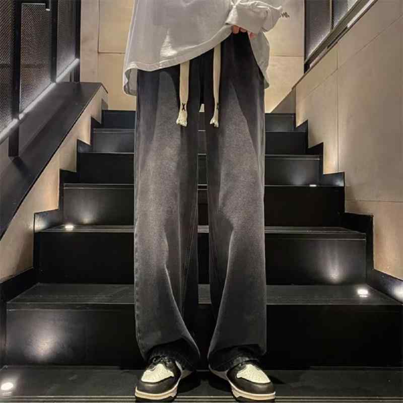 Pants - デニム メンズ ストレートパンツ 薄手 黒グレー グラデーション ウォッシュ加工 カジュアルパンツ