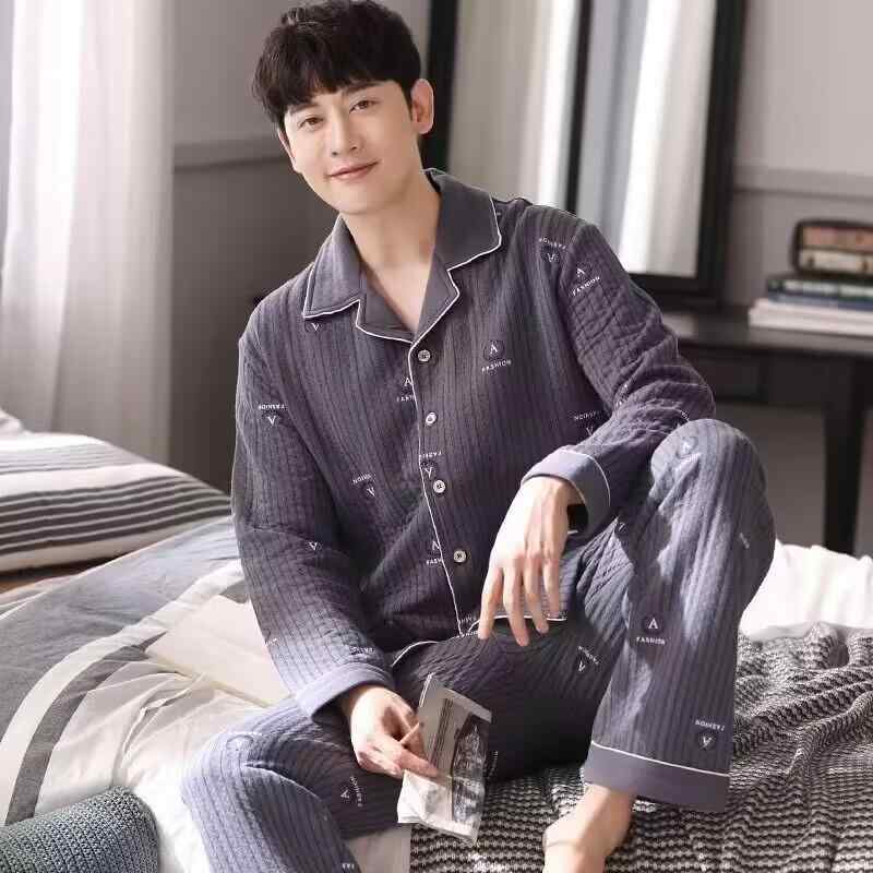 パジャマ メンズ 男性用 春秋用 厚手 綿 長袖 格子柄 エアコットン キルト加工 ルームウェア 部屋着 大きいサイズ 上下セット