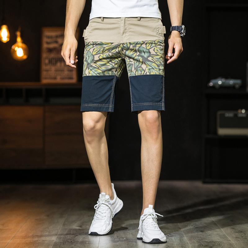 樂天商城 - ハーフパンツ メンズ 男性用 プリント柄 切り替え ゴムウエスト 膝上丈 ゆったりサイズ カジュアルパンツ 薄手 カーキ コーヒー 宝蘭