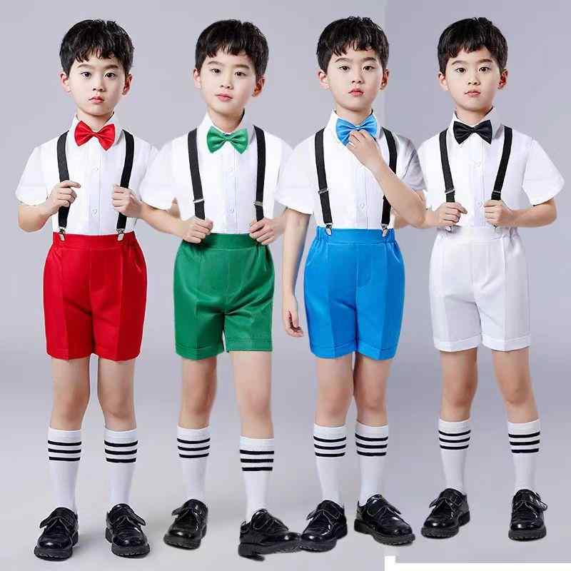 樂天商城 - 子供用フォーマル 上下セット 幼稚園 小学校 制服 卒業式 入学式 発表会 演奏会 衣装 半袖シャツ 背当て付きパンツ 蝶ネクタイ ソックス付き 春夏