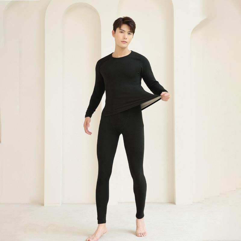 樂天商城 - インナー メンズ 男性用 裏起毛 あったか 肌着 上下セット 長袖 長ズボン ポリエステル混紡 ラウンドネック 厚手 保温 普段使い 秋冬 黒 グレー 紺