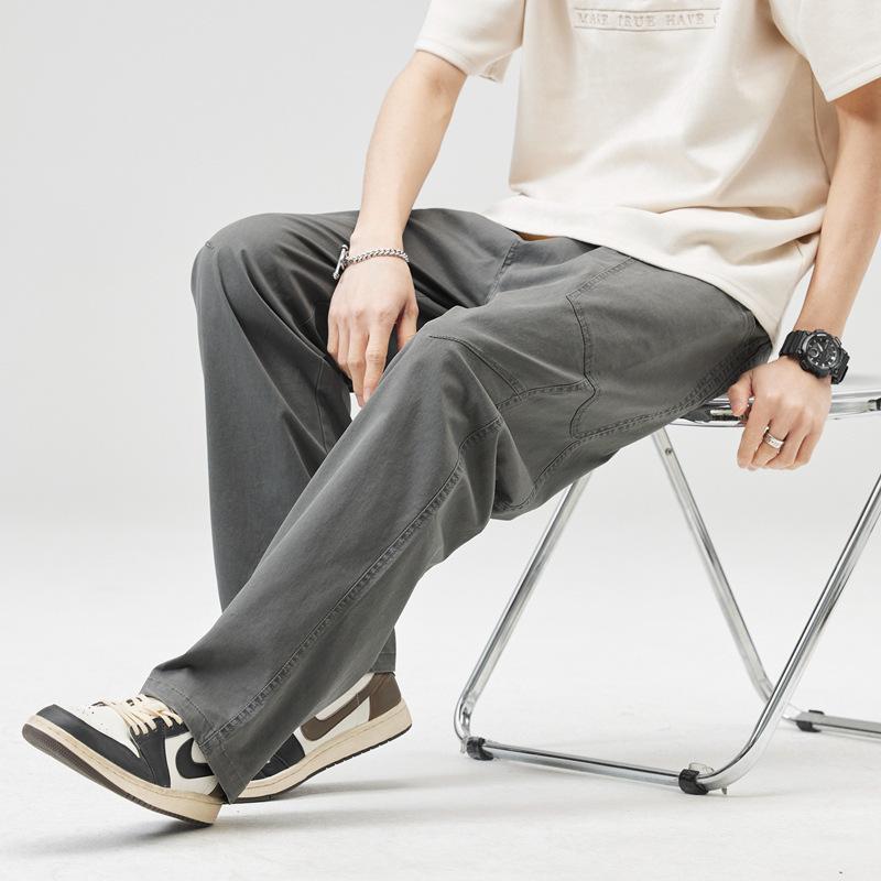 カジュアルパンツ 男性用 綿 ワイドレッグパンツ ストレートパンツ 薄手 ミドルウエスト ズボン グレー ブラック系 ベージュ(x2)