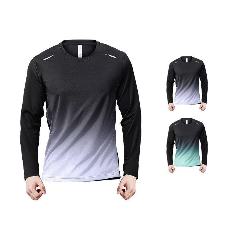 樂天商城 - Tシャツ メンズ 男性用 長袖 ポリエステル 接触冷感 吸湿速乾 幾何学模様 プリント 薄手 ラウンドネック スポーツ ウェア トレーニング 普段使い グレー 緑