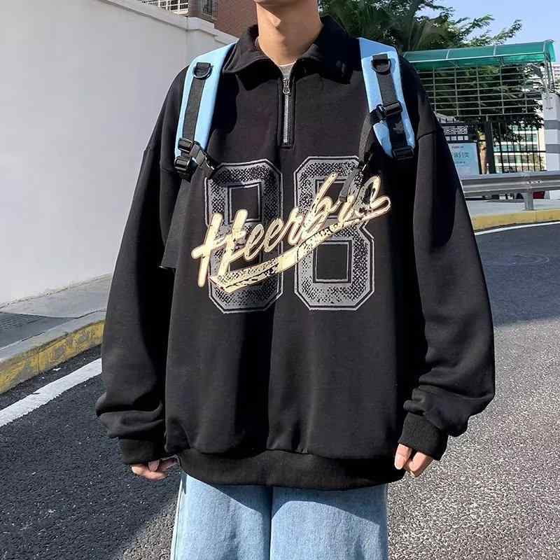 戶外 - トップス 男性用 レトロ プリント ストリート系 ゆったり ハーフジップ 襟付き スウェット トレーナー ポリエステル ブラック系 ベージュ系