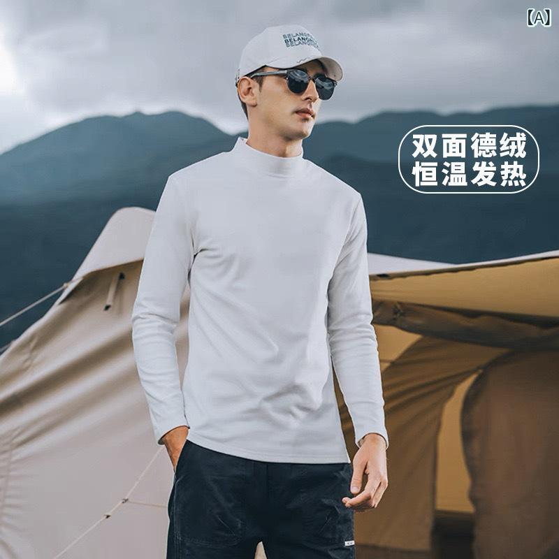 Rakuten - Tシャツ メンズ 長袖 裏起毛 ハイネック 保温 インナー カットソー 秋冬 トップス ポリエステル プリント M L XL 2XL 3XL 4XL 5XL 白 黒 カーキ ダークグレー