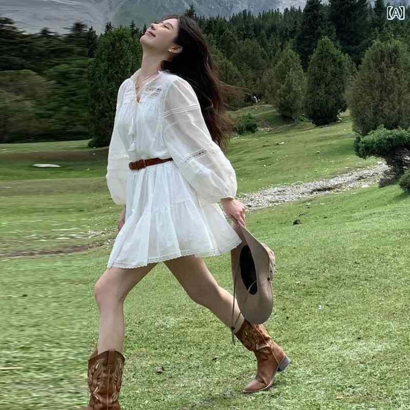 乐天商城 - 白 シャツ ドレス ウエスト ベルト 女性 夏 薄手 長袖 小さめ 短い ミニスカート カジュアル おしゃれ Aライン