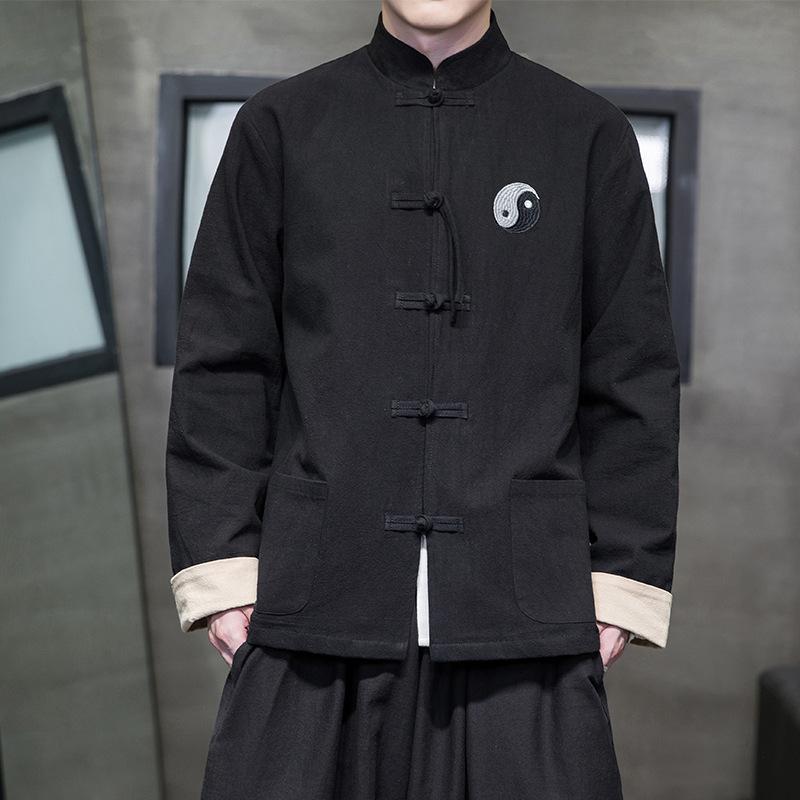 樂天商城 - ジャケット メンズ チャイナ風 立襟 ブルゾン 春秋 男性用 中華風 唐装 漢服 コットン ブラック M L XL 2XL 3XL 4XL 5XL