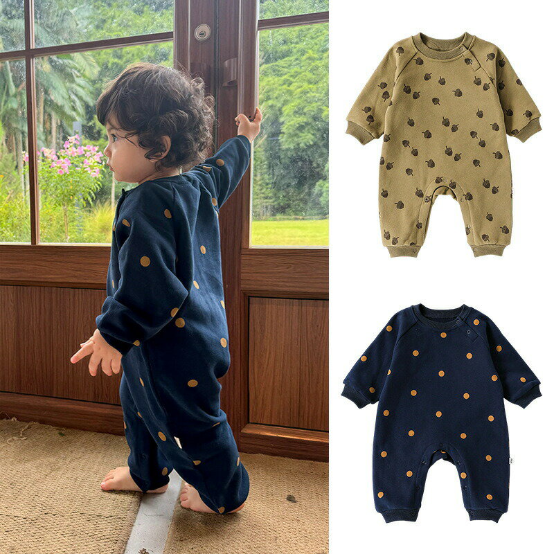 乐天商城 - ベビー服 長袖 ロンパース カバーオール 長袖 裏起毛 ドット ヘーゼルナッツ ベビーパジャマ ルームウェア 女の子 男の子 0〜24ヶ月 ベビー肌着 星柄 新生児服 春 秋 冬 66 73 80 90cm 送料無料 楽天海外通販