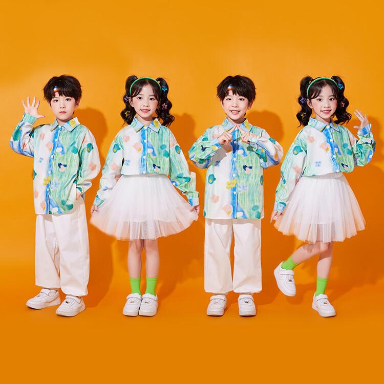 乐天商城 - 子供用ダンス衣装 子供用チアリーディング衣装 小学生 運動会 開会式 花柄シャツ 上下セット ポリエステル B類 100cm 110cm 120cm 130cm 140cm 150cm 160cm 170cm 180cm