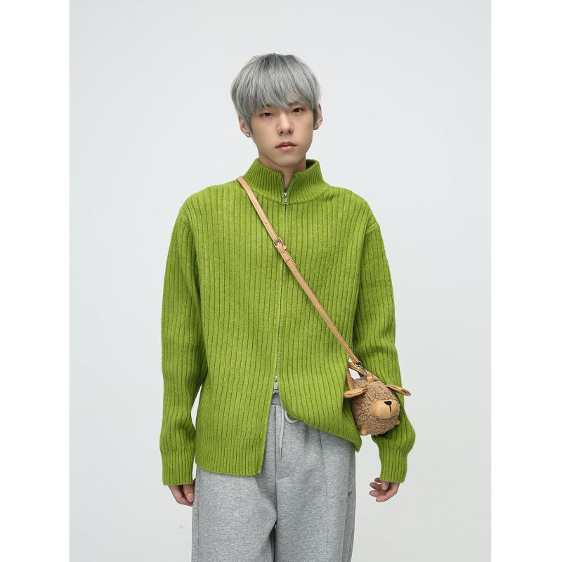 樂天商城 - ニット メンズ カーディガン 秋冬 韓国 高見え ?松 ダブルジップ 長袖 トップス 普段使い デート ブラック ホワイト系 グリーン系