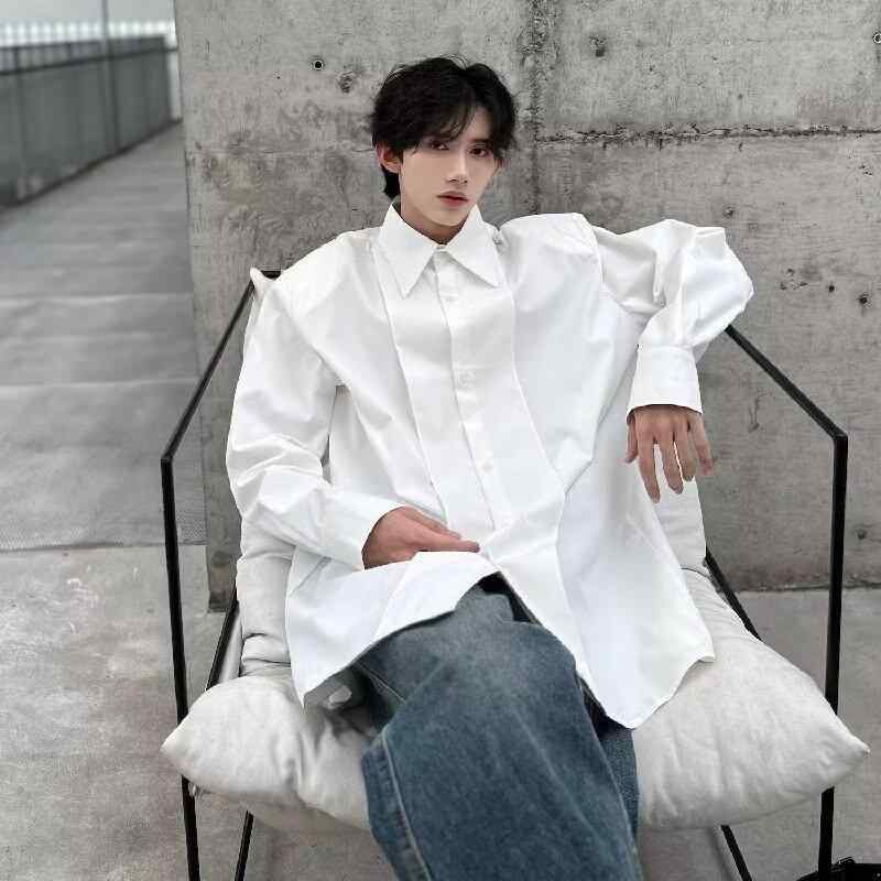樂天商城 - シャツ メンズ ?肩 長袖シャツ 配色 ホワイト ポリエステル 日系?古 ?衫 若者 春秋