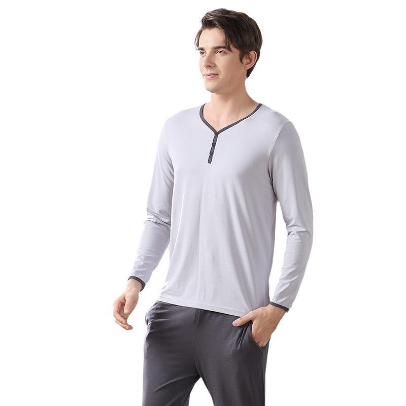 乐天商城 - パジャマ メンズ 男性用 上下セット モダール 綿 長袖 ルームウェア 部屋着 大きいサイズ ゆったり 春秋 通気性 快適 伸縮性 紺色 ネイビー グレー(x2)