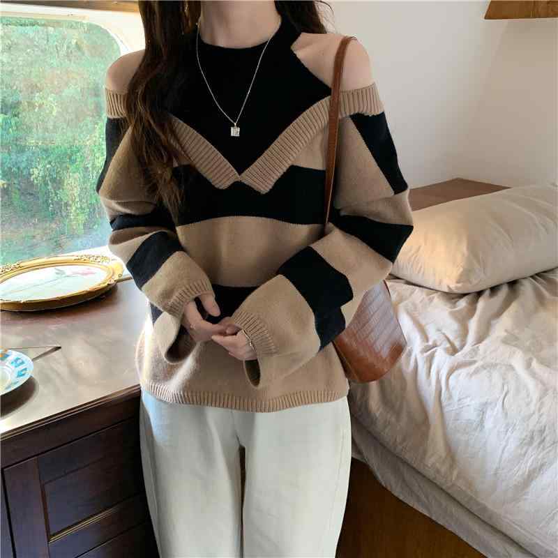 Rakuten - ニット レディース 配色ニット 撞色 肩出し 長袖 プルオーバー ゆったり 婦人服 秋冬 厚手 暖かい かわいい カジュアル 普段使い