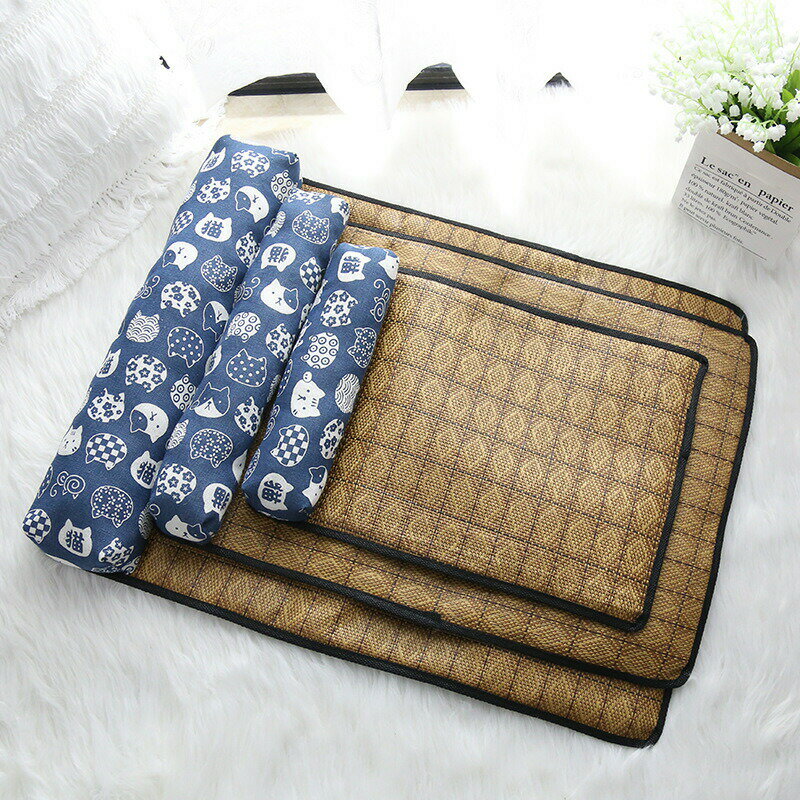 樂天商城 - 送料無料 【M 55×40cm】猫犬用 藤むしろ クッション ペットベッド クールマット むしろマット ペットマット 枕付き 夏 猫犬用 マット 接触冷感 暑さ対策 小型犬/猫用 動物 軽量 冷感夏 プレゼント 楽天海外通販