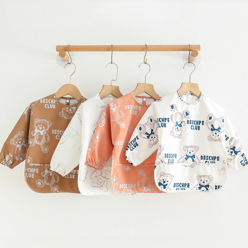 Bib - 送料無料 お食事エプロン 6ヶ月〜54ヶ月 全12デザイン 長袖 ポケット付き 熊 クマ bear 子供 キッズ 離乳食 お食事スタイ 赤ちゃん スタイ 男女兼用 ガールズ 女の子 ボイズ 男の子 ベビービブ 幼児 保育園 入園準備 出産祝い 柔らかい 防水 楽天海外通販