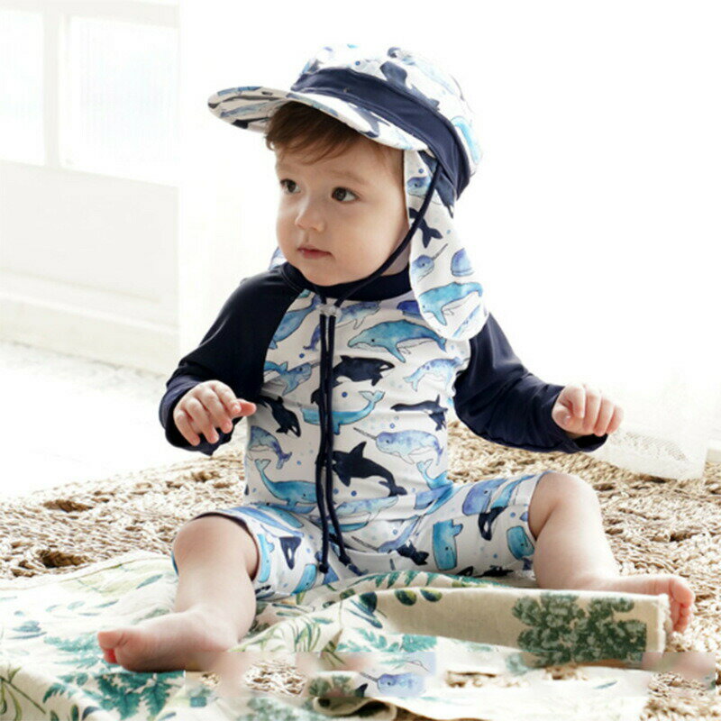 Rakuten - 送料無料 子供水着 80~130cm boy 長袖 キャップ無し サメ 鮫 さめ shark 男女兼用 男の子 ボイズ 紫外線対策 キッズ 子供 オールインワン ロンパース 子ども ボーイズ ジュニア ラッシュガード 女の子 ガールズ 子ども用 スクール水着 みずぎ ベビー水着 楽天海外通販