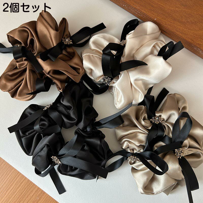 送料無料 2個セット ヘアゴム ヘアアクセサリー シュシュ リボン付きゴム ボリューム 大きめ 簡単装着 大人ガーリー かわいい 女性用 婦人用 お呼ばれ 披露宴 成人式 卒業式 入学式 おしゃれ シンプル アクセサリー人気 楽天海外通販