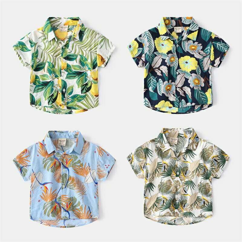 送料無料 アロハシャツ 子供 半袖シャツ 薄手 トップス 夏服 ビーチ リゾート ベビーウェア 花柄 植物たっぷり ハワイアン 海外旅行 キッズシャツ ルームウェア 男女兼用 海辺 サマーシャツ カップル ゆったりカジュアル シャツ 開襟シャツ 楽天海外通販