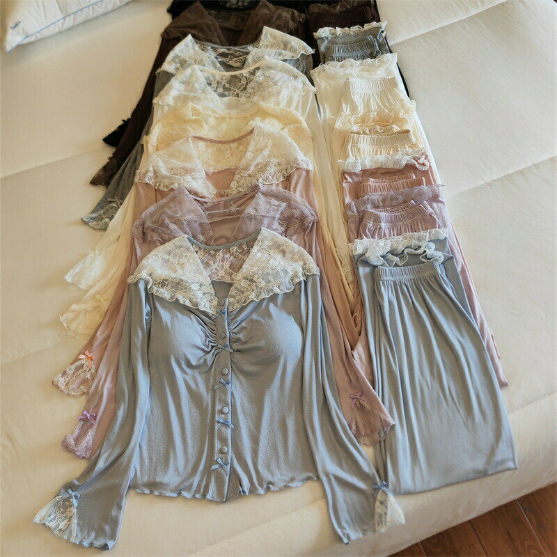 送料無料 モダール パジャマ レディース ルームウエア 8色展開 夏服 長袖トップス?ロングパンツ 上下セット セクシー 薄手 固定パッド付き ホームウェア カジュアル シンプル 柔らかい お洒落 M LXL XXL 楽天海外通販