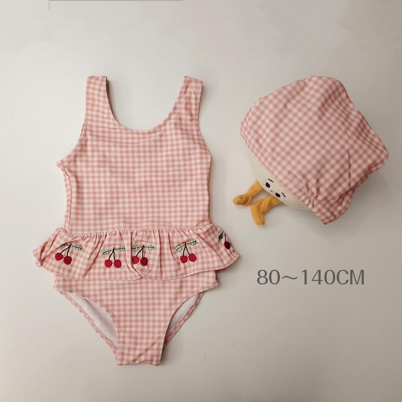 樂天商城 - 送料無料 子供水着 チェック柄 キャップ付き 2点セット オールインワン 桜ん坊柄 ワンピース キッズ 子供 ロンパース 水着 子ども ジュニア ラッシュガード キッズ ジュニア 子ども用 スイミング 水着 スクール水着 みずぎ 子供水着 楽天海外通販