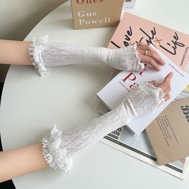 樂天商城 - 送料無料 フリル付き レースメッシュ アームグローブ アームカバー アームウォーマー 手袋 フィンガーレスグローブ ロンググローブ パーティー アームスリーブ ライブ 腕カバー レディース 黒 白 結婚式 花嫁 手袋 発表会 楽天海外通販