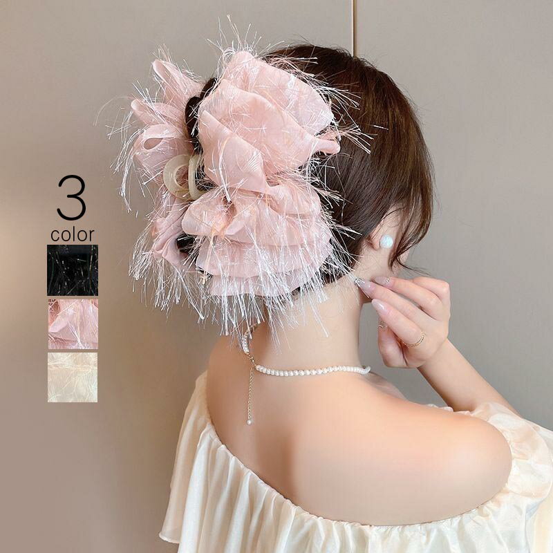 送料無料 バンスクリップ リボン 大きめ ヘアクリップ 結婚式 バレッタ リボンバレッタ リボン ヘアアクセサリー BIG 大きめ ボリューム シフォン ふわふわ 軽やか かわいい ブラック アイボリー リボンバレッタ 浴衣 着物 プレゼント 楽天海外通販