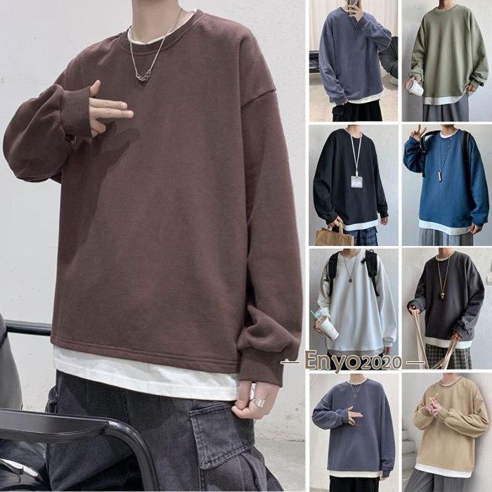 Rakuten - 重ね着風 トレーナー メンズ 無地 長袖 ビッグシルエット スウェット レイヤード 肩落ち ルーズ クルーネック ドロップショルダー ゆったり