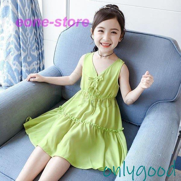 乐天商城 - 子供服 ワンピース キッズ 子供ドレス dress 韓国子供服 ジュニア 女の子 夏 ノースリーブ 膝丈 シフォン カジュアル おしゃれ 可愛い 通学着 通園着 新品
