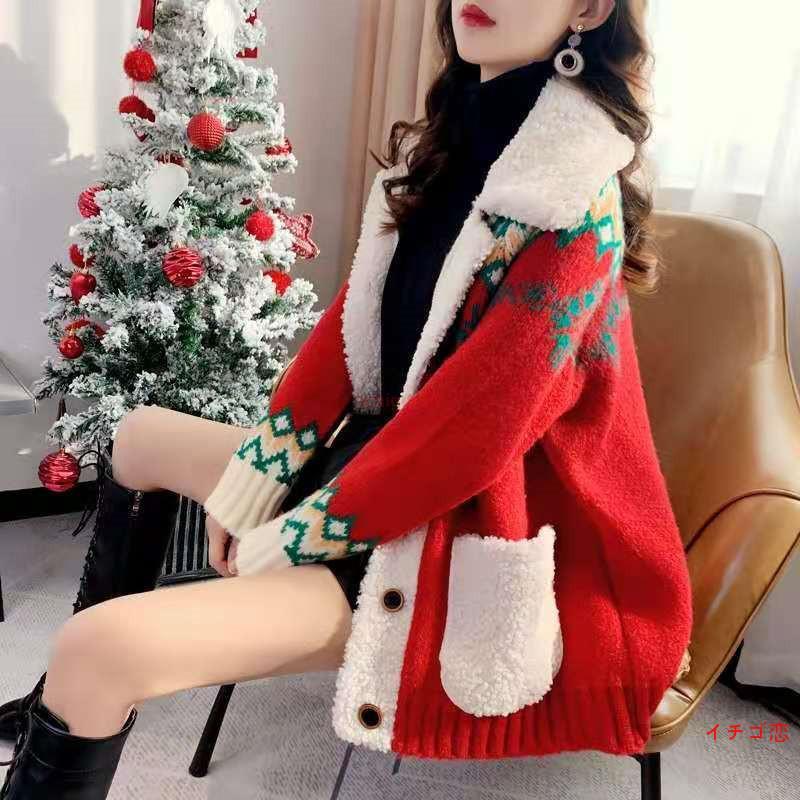 乐天商城 - カーディガン ニット ニットカーディガン レディース 冬 セーター アウター 羽織り クリスマス 秋冬 赤セーター ゆったり コーディガン 切り替え 部屋着 赤 緑