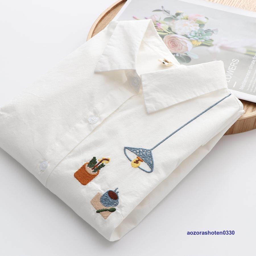 Rakuten - 刺繍 シャツ コットン シャツブラウス ブラウス トップス レディース 前開き 長袖 無地 綿 柄 ゆったり シンプル カジュアル 可愛い 春 オシャレ きれいめ