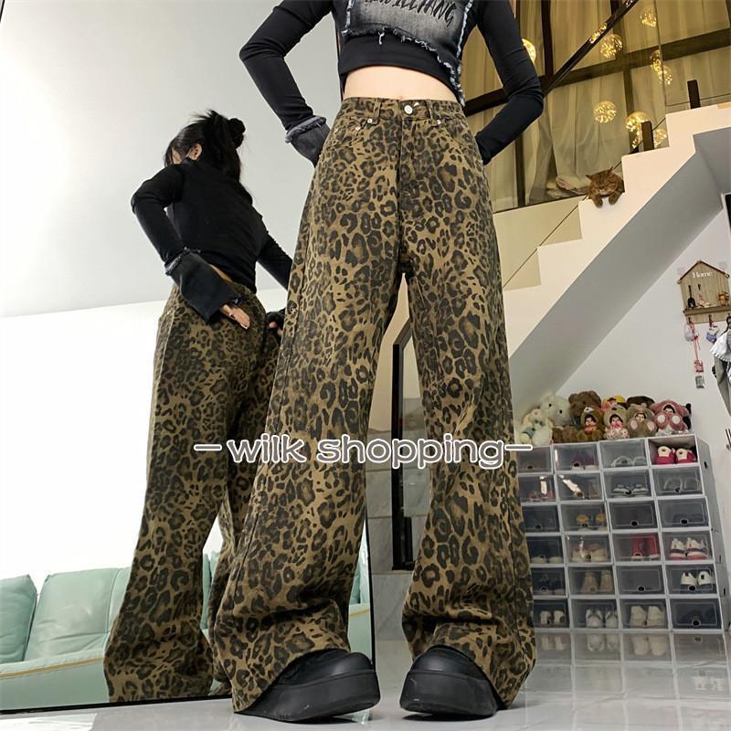Rakuten - デニム パンツ デニムパンツ レディース ワイドパンツ ワイド ジーンズ ジーパン ボトム 体型カバー ボトムス ストレート ハイウエスト ロング丈 ヒョウ柄デニム