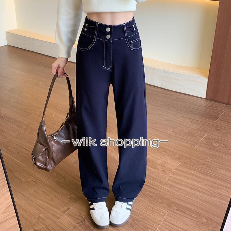 Cropped Pants - ストレートデニムパンツ レディース 秋服 ストレートパンツ ハイウエストパンツ デニムパンツ ジーンズ 大きいサイズ展開 カジュアルパンツ ボタン 着痩せ
