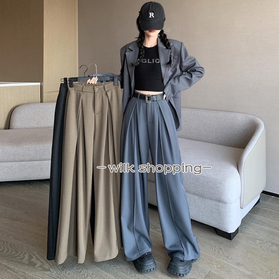 Rakuten - ワイドパンツ レディース 秋服 センタープレス タック入れ パンツ ボトムズ 長ズボン ロングパンツ マキシ丈 ウエストバックゴム フロントボタン スラックス