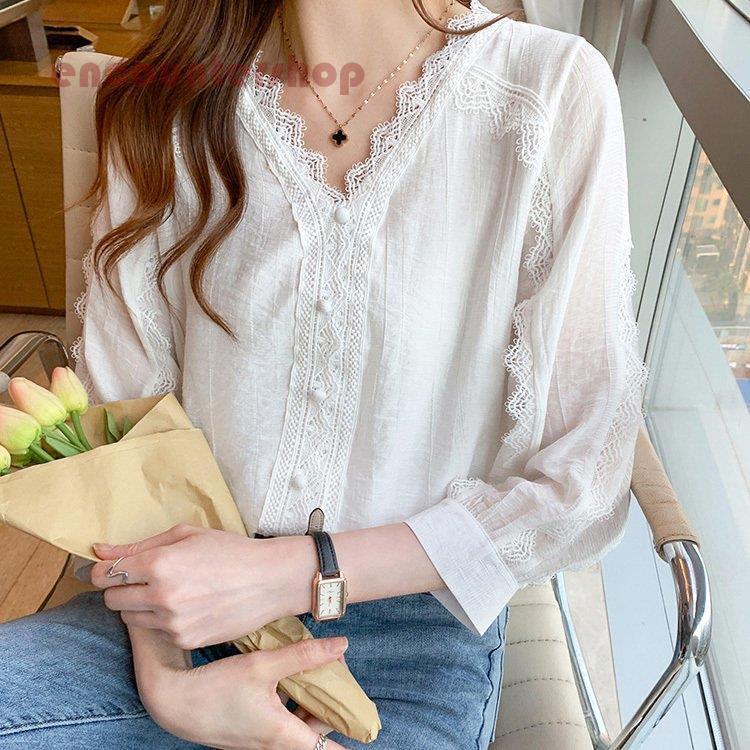 Rakuten - ブラウス レディース 40代 春夏新作 オシャレブラウス 白シフォンシャツ 七分袖トップス レースVネック ブラウス 大人上品 通勤OL ゆったり シャツ30代 50代