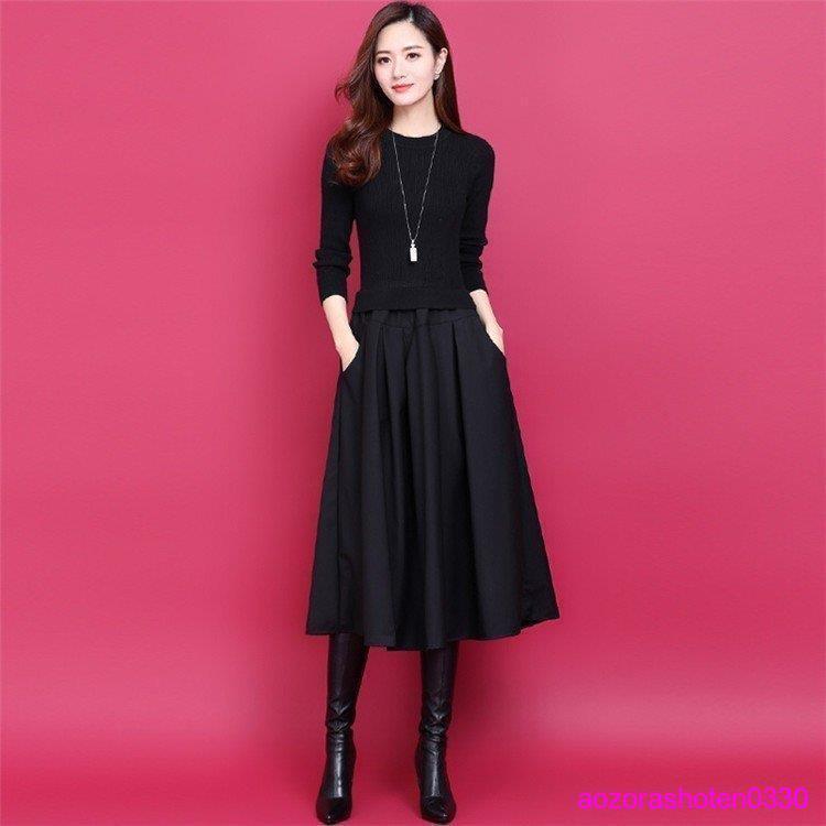 Rakuten - ロングワンピース レディース ニット ブラックワンピース 秋 冬 黒 長袖 ロング丈 結婚式 入学式 お呼ばれ フォーマル 通勤 OL 20代 30代 40代 着痩せ