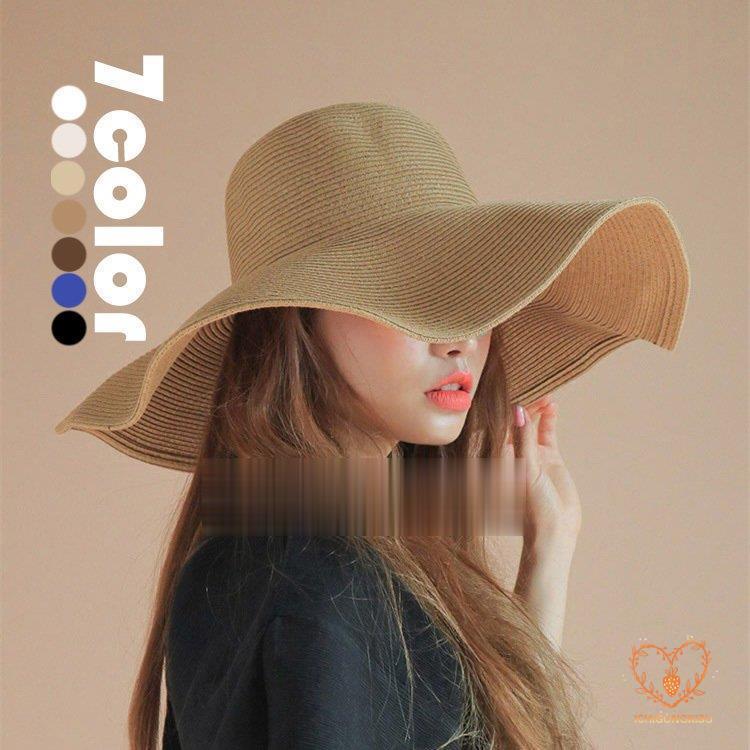 乐天商城 - つば広ハット 麦わら帽子 レデイース ハット 春夏 大きめ おしゃれ 折りたたみ たためる ストローハット 日よけ UVカット 紫外線対策 旅行 小顔効果 7色