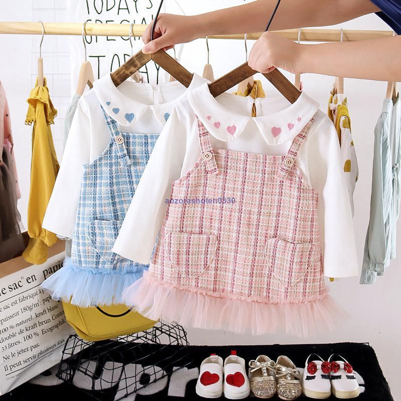 Rakuten - 子供服 女の子 セットアップ スカート サロペット ブラウス 長袖キッズ 春秋 韓国 無地可愛い ベビー服 春着 秋着 お出かけ 遠足 旅行 80-110