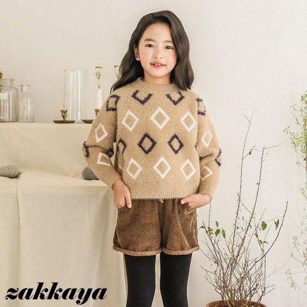 Rakuten - セーター クルーネック 子供服 子供用 キッズ 女の子 もこもこ 柔らか ひし形模様 シンプル ベージュ 秋 冬 暖かい ガールズ おしゃれ かわいい