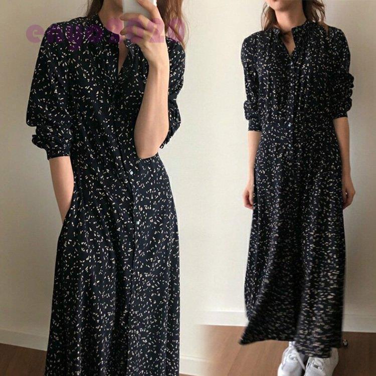 シャツワンピース レディース 40代 マキシワンピース 春夏秋 長袖ワンピース 花柄 シフォンフレアスカート オシャレカジュアル韓国風 大人 30代 ゆったり tokits都喜