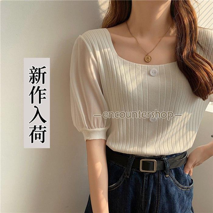 樂天商城 - サマーニット レディース 半袖 Tシャツ ニットトップス スクエアネック パフスリーブ トップス シンプル ニット キレイめ 夏 大人 女性用 tokits都喜