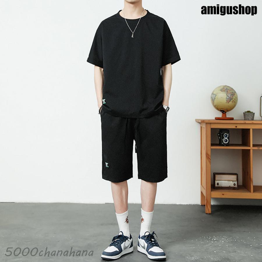 メンズ セットアップ 半袖 tシャツ スウェット 上下 ジャージ 五分丈 無地 夏服 薄...