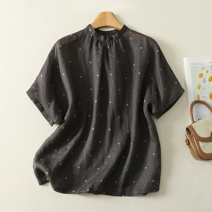 Rakuten - ブラウス レディース 半袖 ドット柄 tシャツ 水玉ブラウス コットンシャツ シャツブラウス プルオーバー トップス Tシャツ 大きいサイズ ゆったり 綿麻風 ナチュラル 着痩せ 体型カバー 大人可愛い きれいめ 薄手 通勤 フェミニン キレイめ 春 夏 送料無料